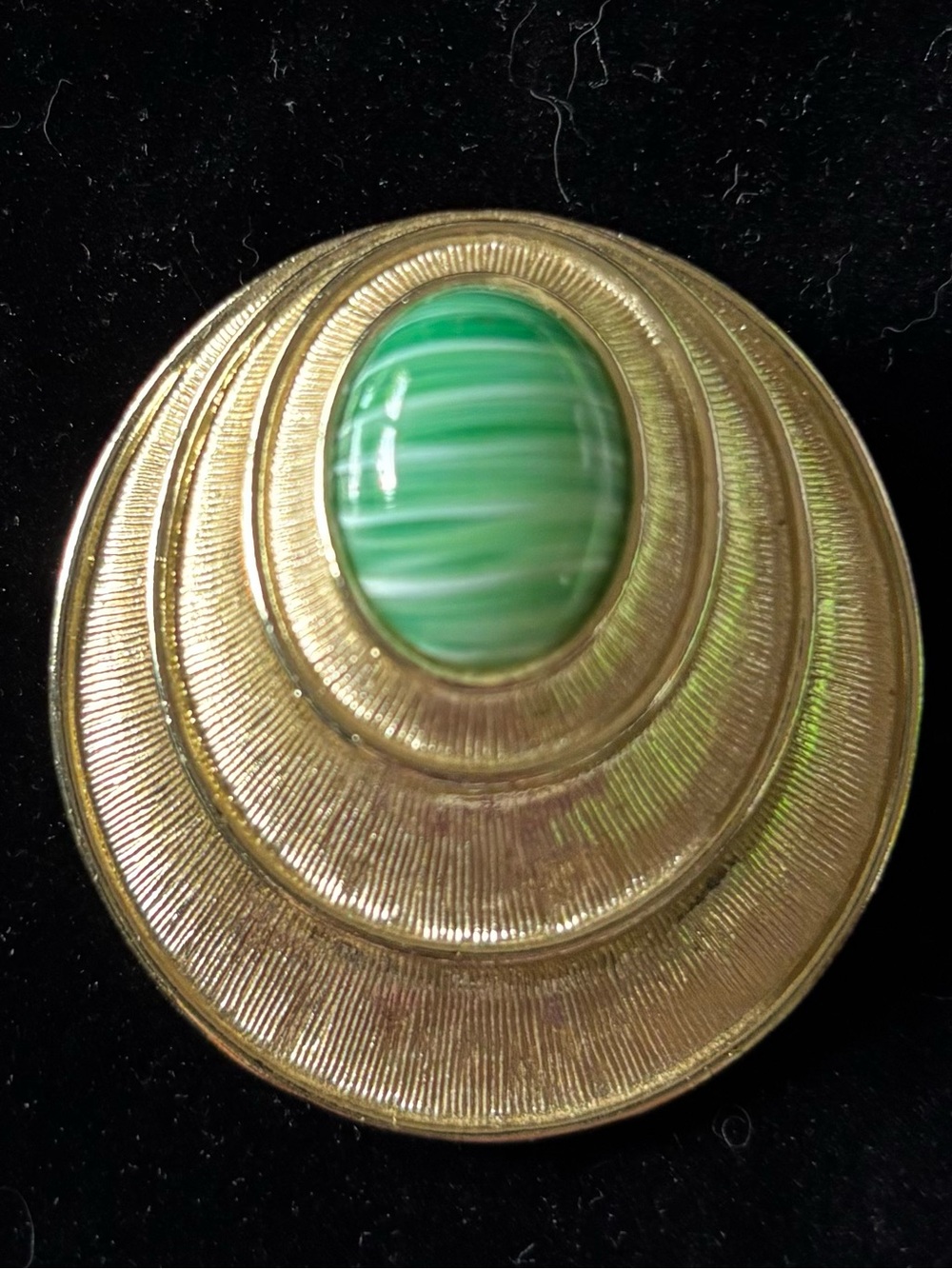 Sarah Coventry Signed Gold Tone Oval Green Cabochon Bezel Brooch Pin 1.75" 1960s